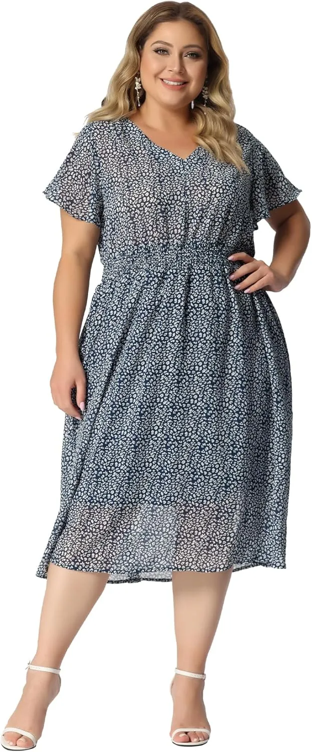 Agnes Orinda Women's Plus Size Summer Dress 2025 Floral Print V Neck Smocked A-Line Flowy Midi Dress
