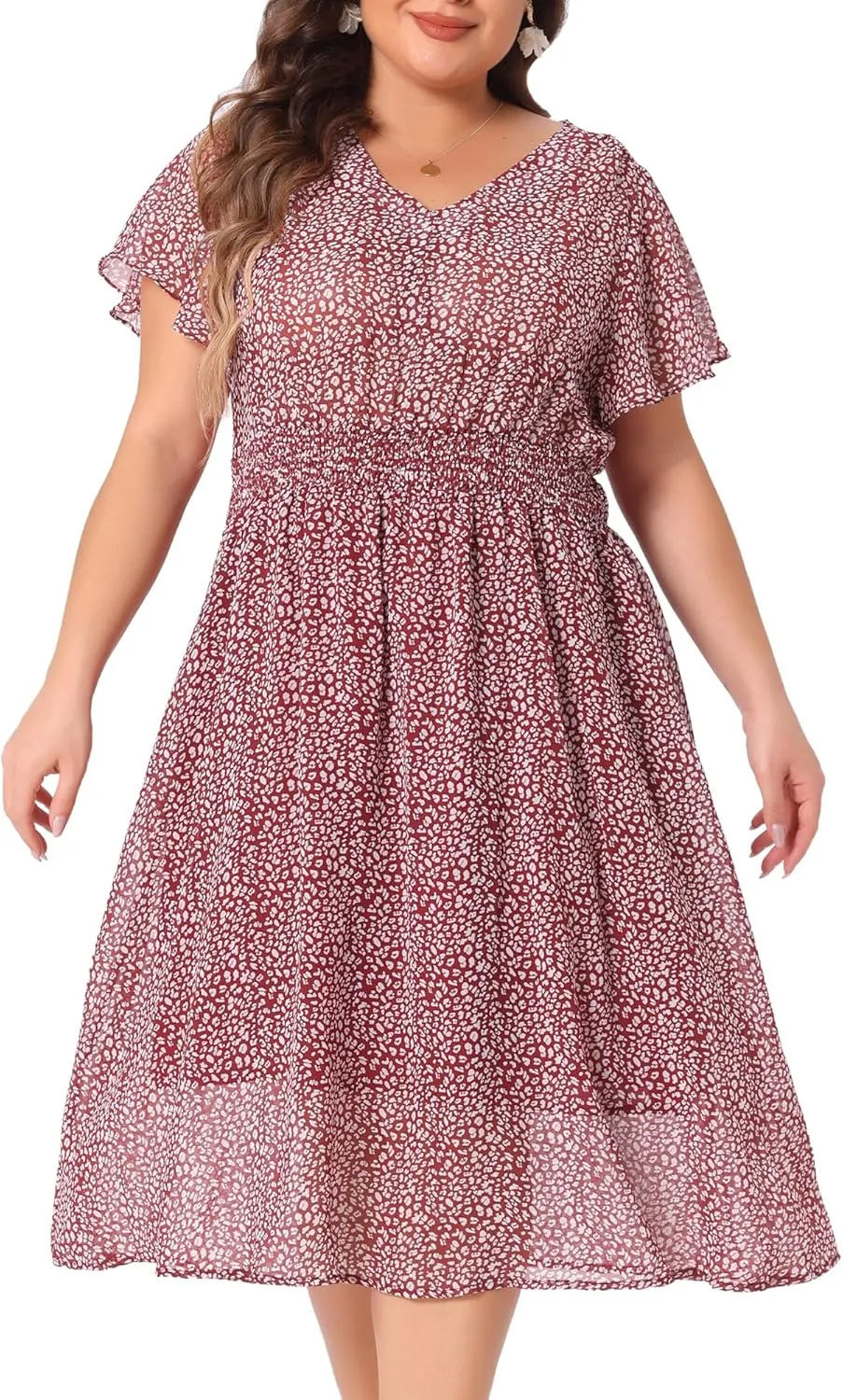 Agnes Orinda Women's Plus Size Summer Dress 2025 Floral Print V Neck Smocked A-Line Flowy Midi Dress