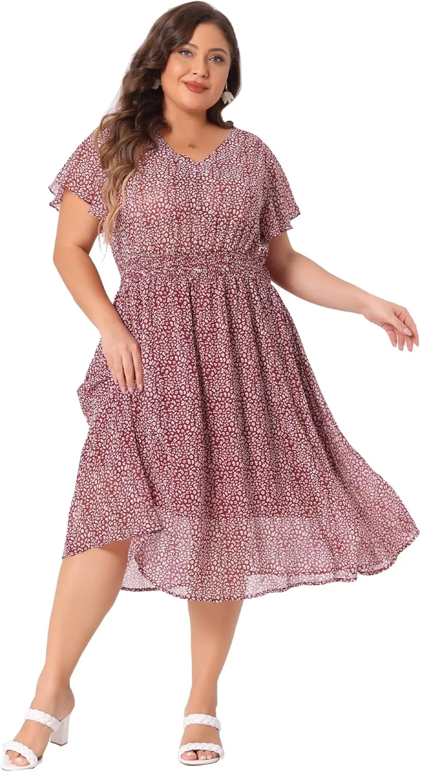 Agnes Orinda Women's Plus Size Summer Dress 2025 Floral Print V Neck Smocked A-Line Flowy Midi Dress