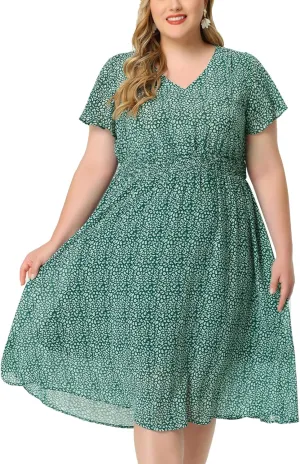 Agnes Orinda Women's Plus Size Summer Dress 2025 Floral Print V Neck Smocked A-Line Flowy Midi Dress