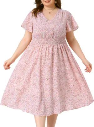 Agnes Orinda Women's Plus Size Summer Dress 2025 Floral Print V Neck Smocked A-Line Flowy Midi Dress