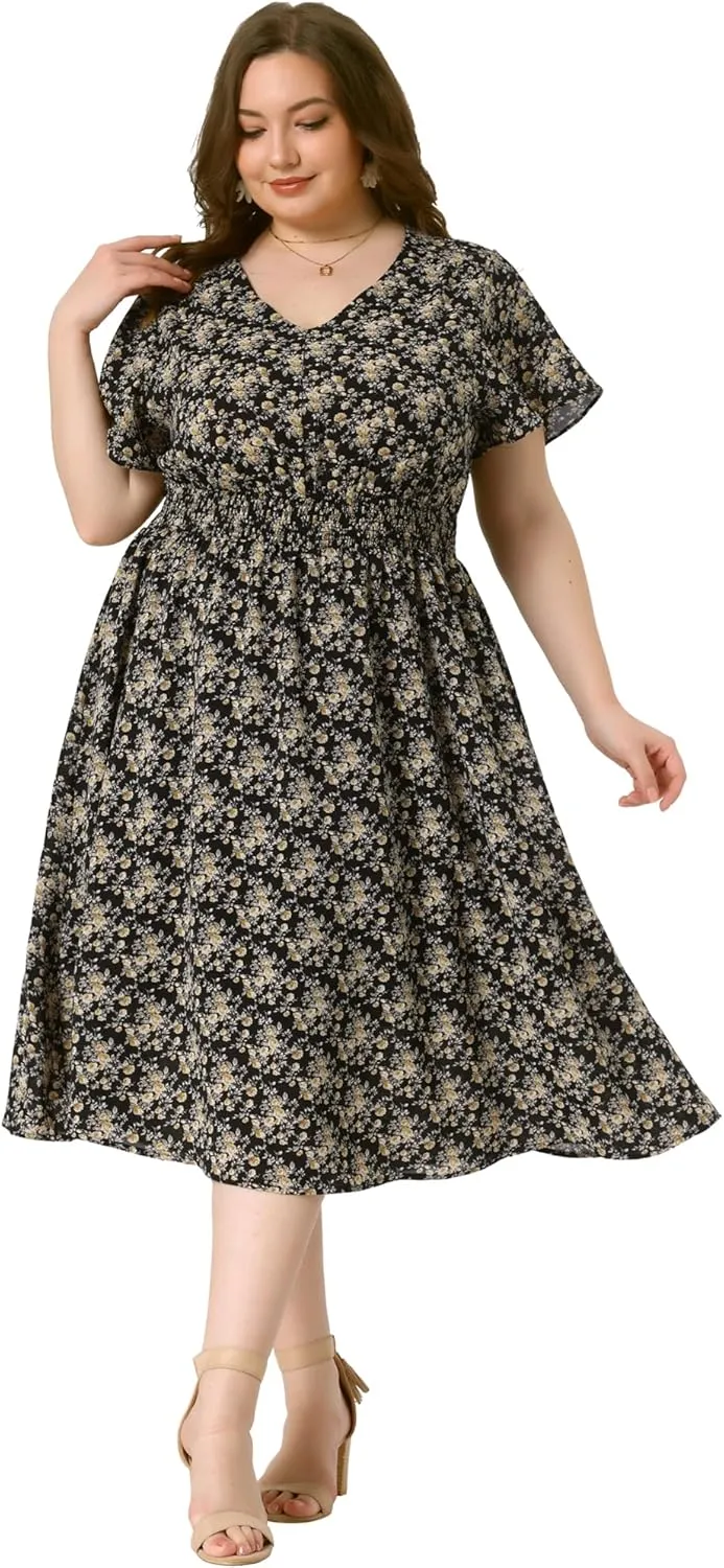 Agnes Orinda Women's Plus Size Summer Dress 2025 Floral Print V Neck Smocked A-Line Flowy Midi Dress