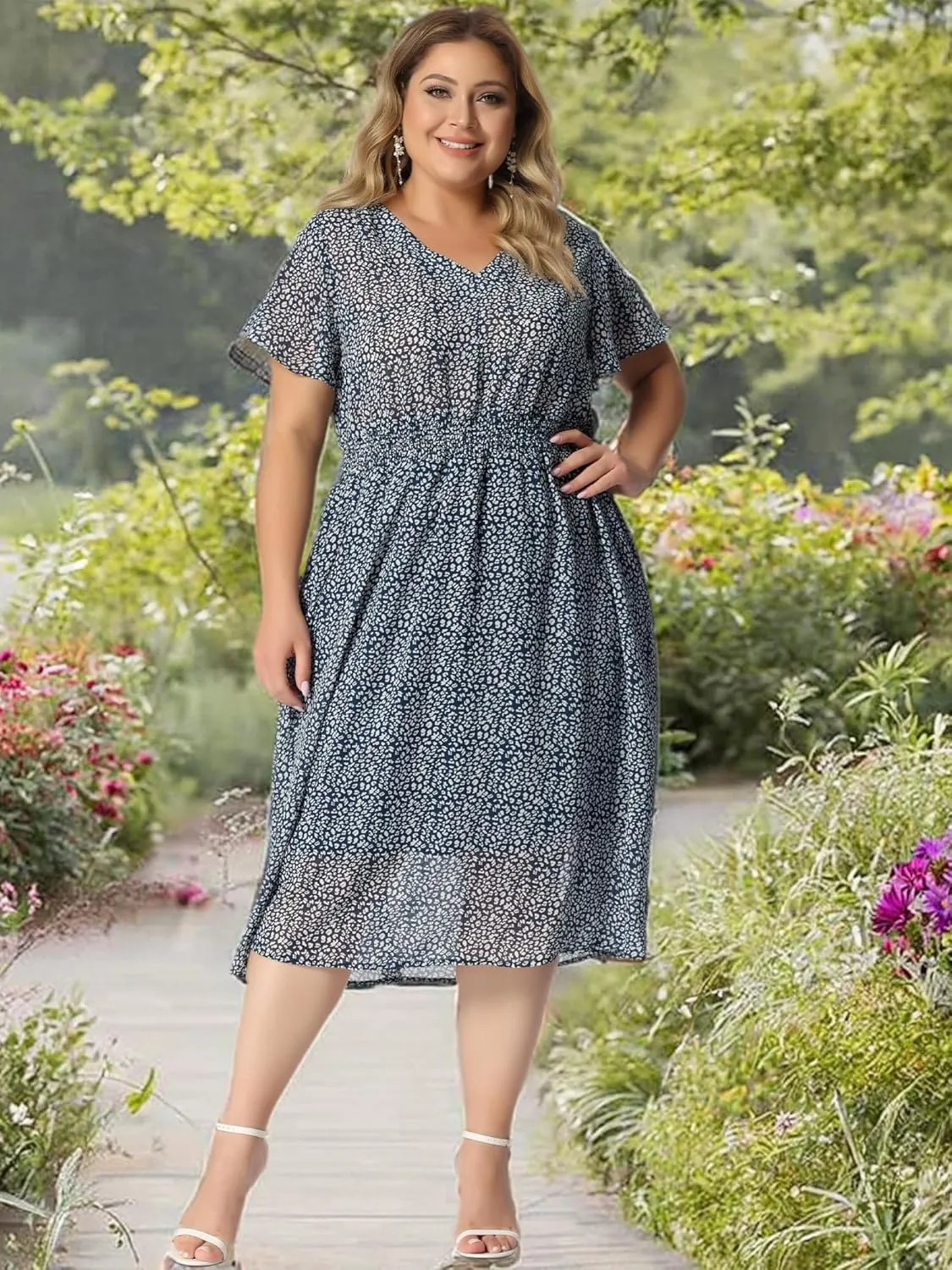 Agnes Orinda Women's Plus Size Summer Dress 2025 Floral Print V Neck Smocked A-Line Flowy Midi Dress