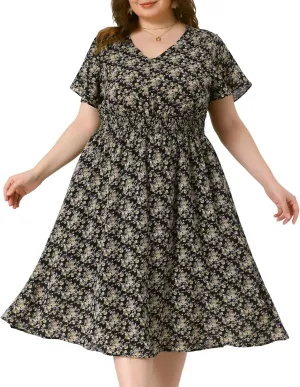 Agnes Orinda Women's Plus Size Summer Dress 2025 Floral Print V Neck Smocked A-Line Flowy Midi Dress