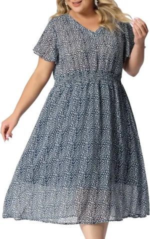 Agnes Orinda Women's Plus Size Summer Dress 2025 Floral Print V Neck Smocked A-Line Flowy Midi Dress