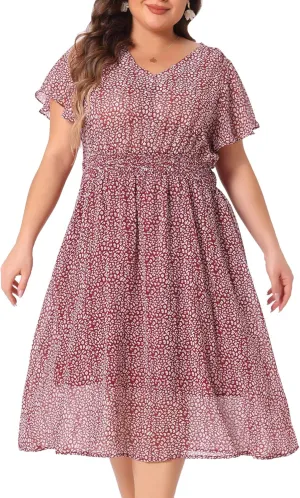 Agnes Orinda Women's Plus Size Summer Dress 2025 Floral Print V Neck Smocked A-Line Flowy Midi Dress