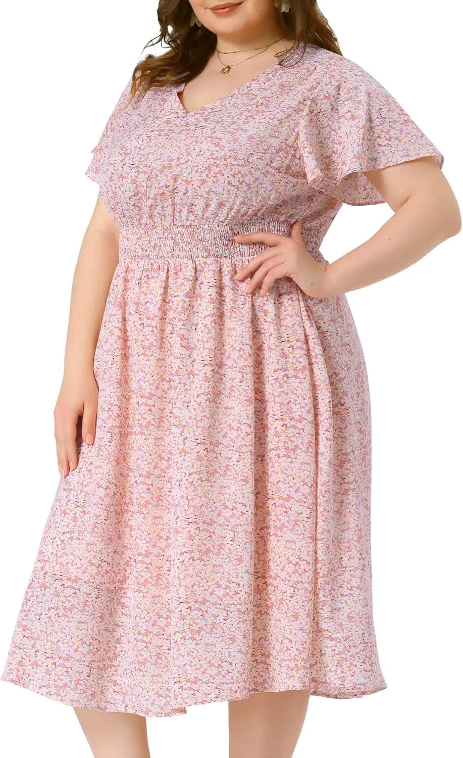 Agnes Orinda Women's Plus Size Summer Dress 2025 Floral Print V Neck Smocked A-Line Flowy Midi Dress