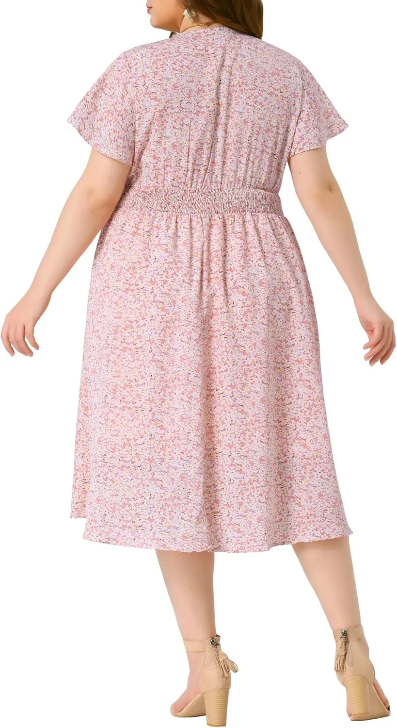 Agnes Orinda Women's Plus Size Summer Dress 2025 Floral Print V Neck Smocked A-Line Flowy Midi Dress