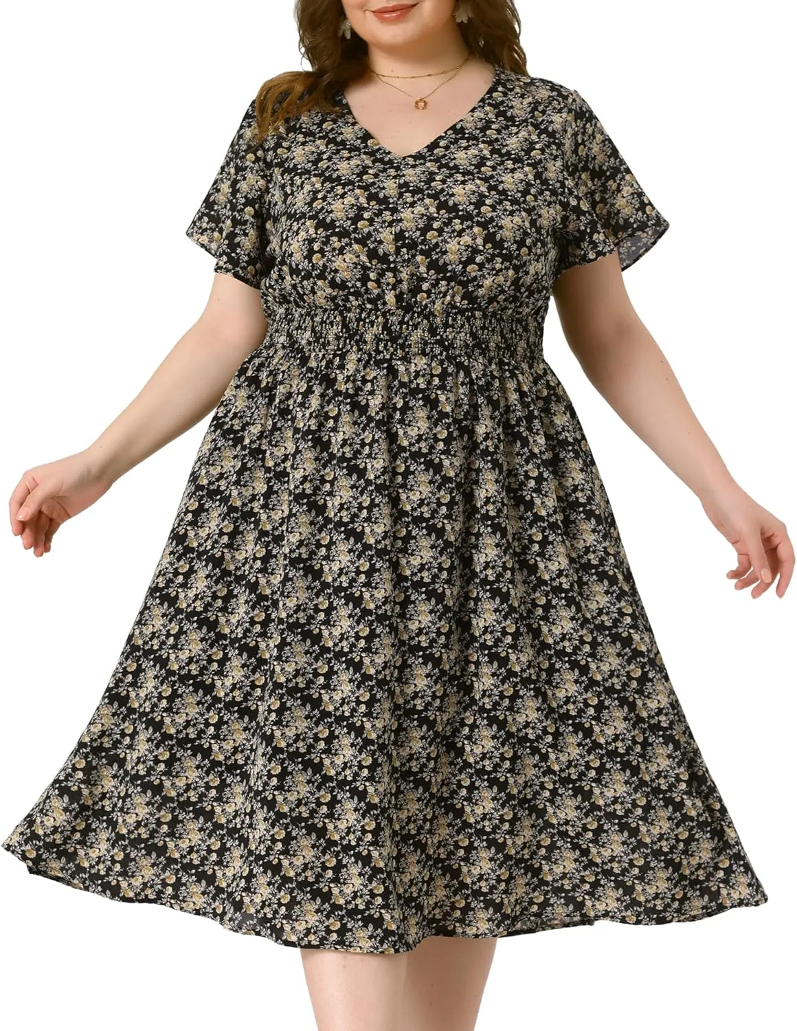Agnes Orinda Women's Plus Size Summer Dress 2025 Floral Print V Neck Smocked A-Line Flowy Midi Dress