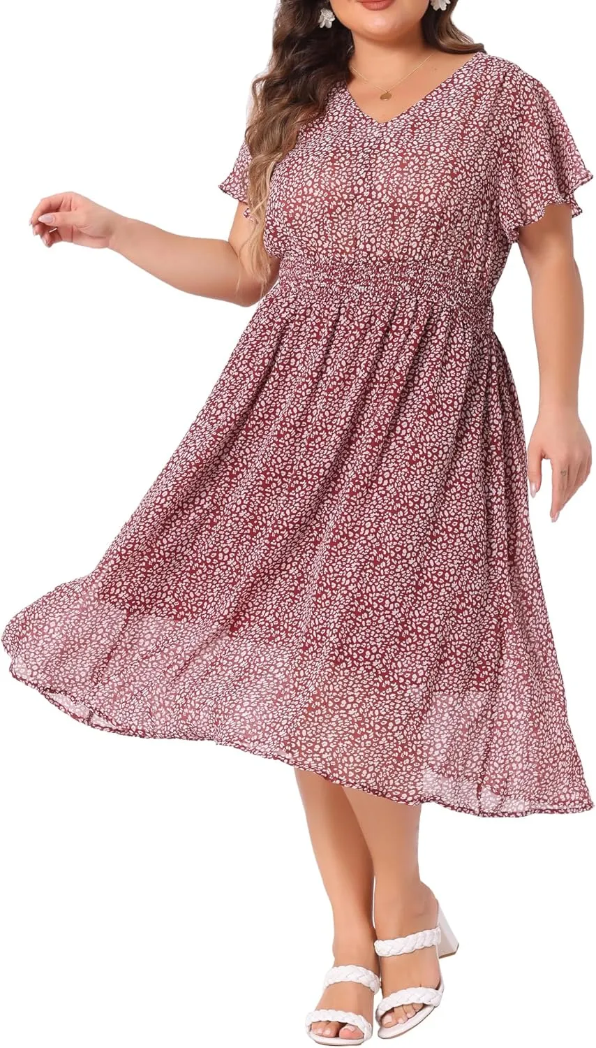 Agnes Orinda Women's Plus Size Summer Dress 2025 Floral Print V Neck Smocked A-Line Flowy Midi Dress
