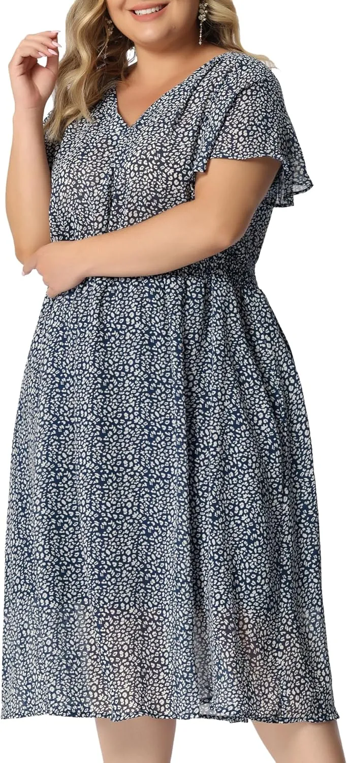 Agnes Orinda Women's Plus Size Summer Dress 2025 Floral Print V Neck Smocked A-Line Flowy Midi Dress