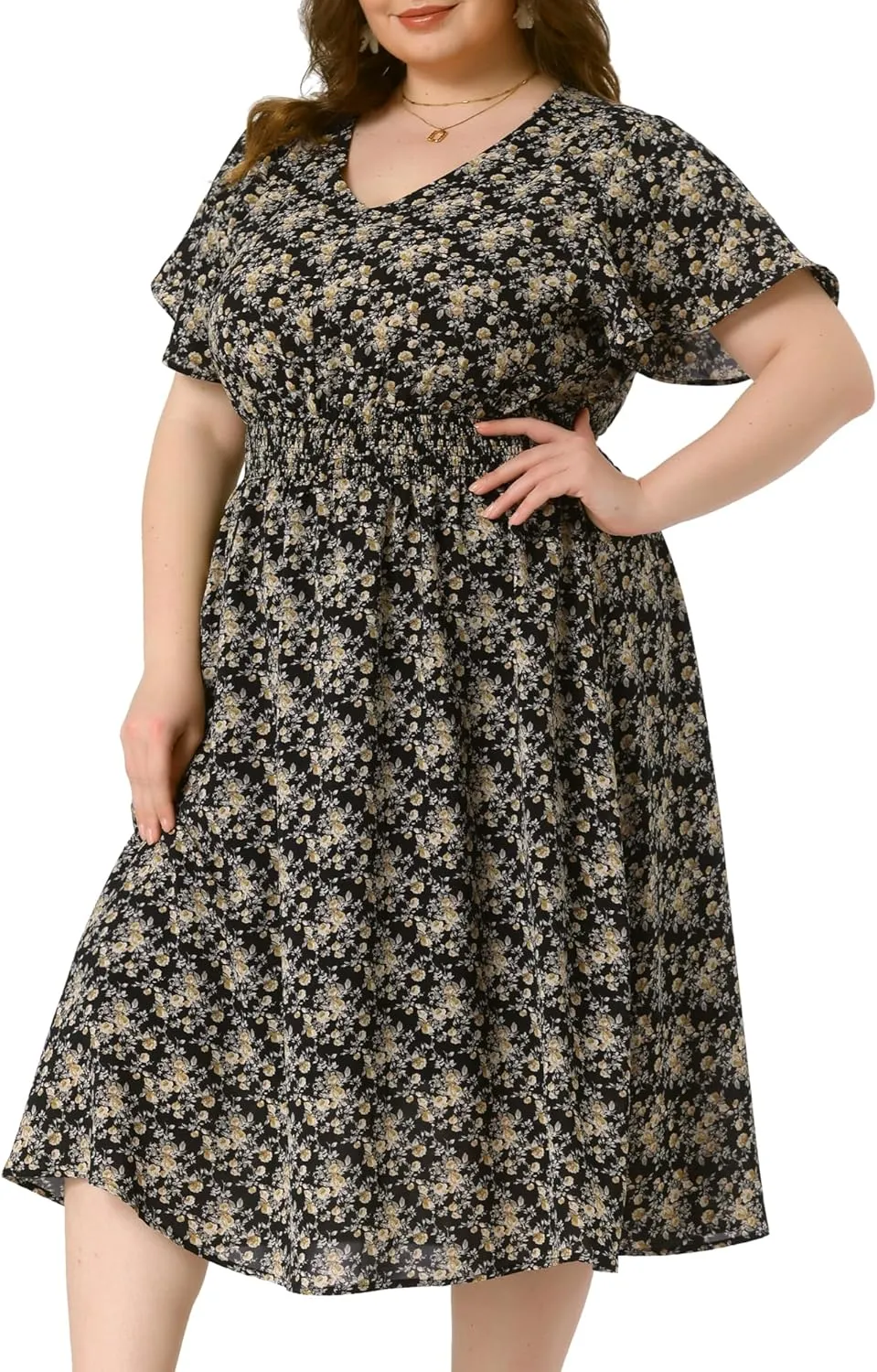 Agnes Orinda Women's Plus Size Summer Dress 2025 Floral Print V Neck Smocked A-Line Flowy Midi Dress