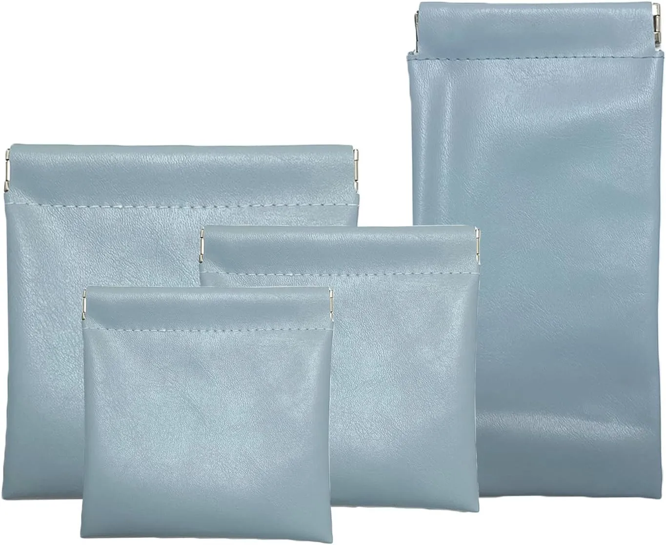 AJOJO 4 Pcs Lambskin Pocket Cosmetic Bags, 4 Size Waterproof Portable No Zipper Self-Closing Cute Small Makeup Pouch for Women, Pu Leather Bag for Cosmetics Headphones Jewelry (Blue)