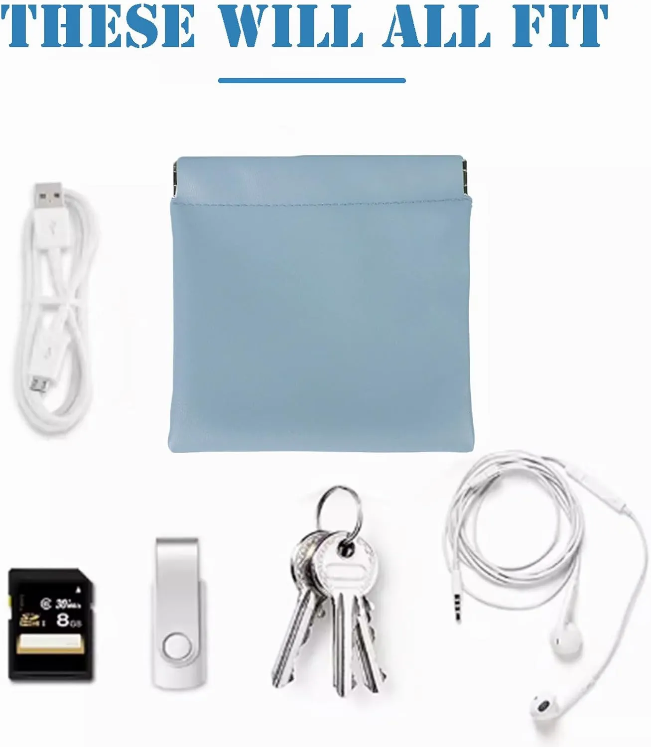 AJOJO 4 Pcs Lambskin Pocket Cosmetic Bags, 4 Size Waterproof Portable No Zipper Self-Closing Cute Small Makeup Pouch for Women, Pu Leather Bag for Cosmetics Headphones Jewelry (Blue)