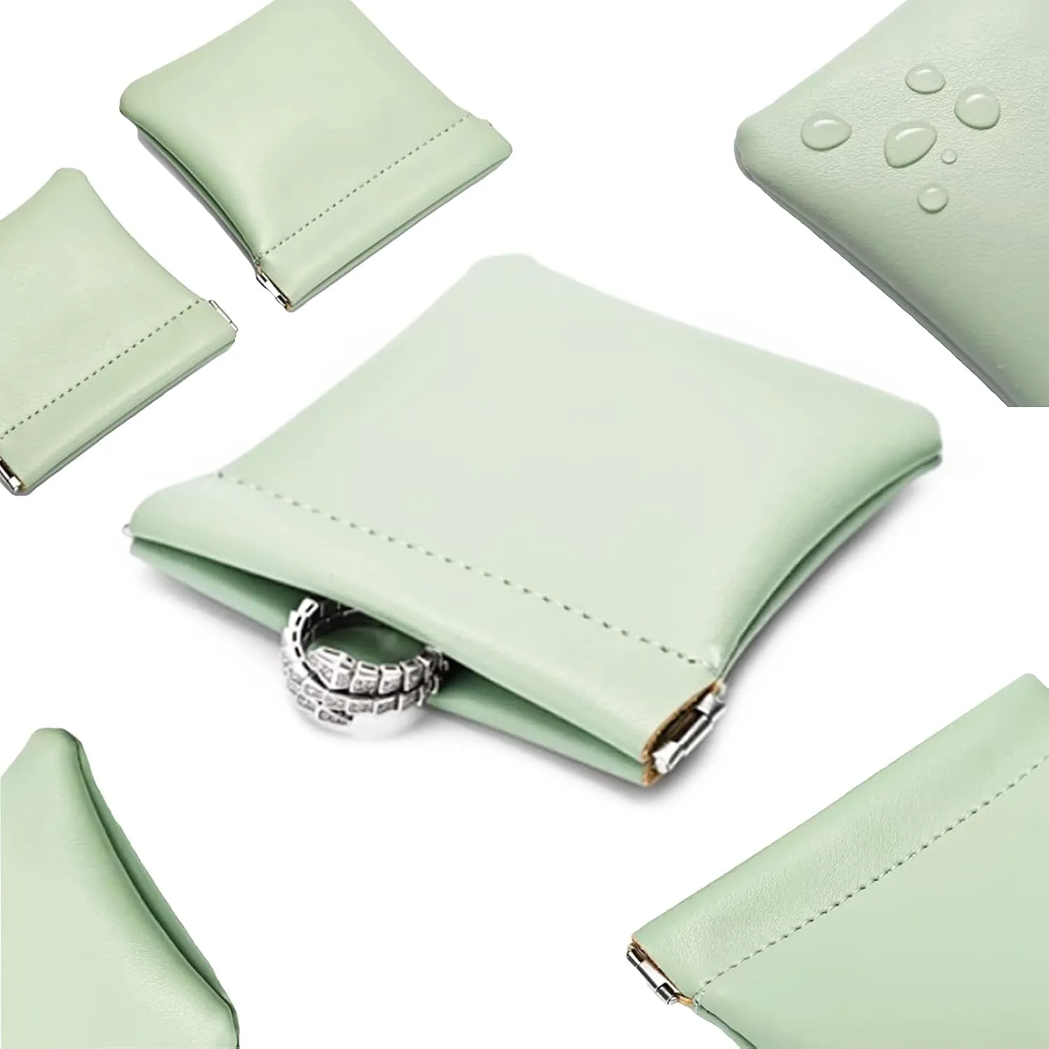 AJOJO 4 Pcs Lambskin Pocket Cosmetic Bags, 4 Size Waterproof Portable No Zipper Self-Closing Cute Small Makeup Pouch for Women, Pu Leather Bag for Cosmetics Headphones Jewelry (Green)