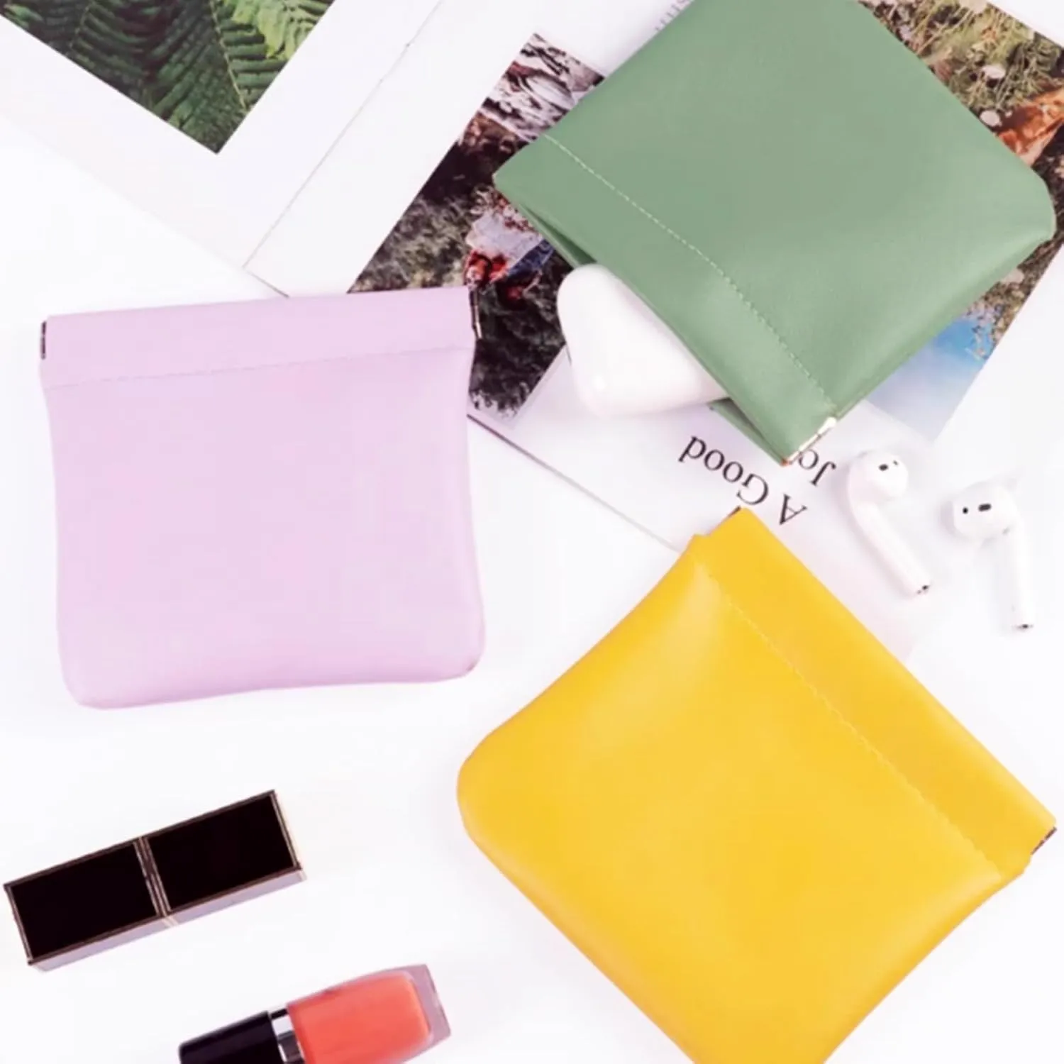 AJOJO 4 Pcs Lambskin Pocket Cosmetic Bags, 4 Size Waterproof Portable No Zipper Self-Closing Cute Small Makeup Pouch for Women, Pu Leather Bag for Cosmetics Headphones Jewelry (Green)