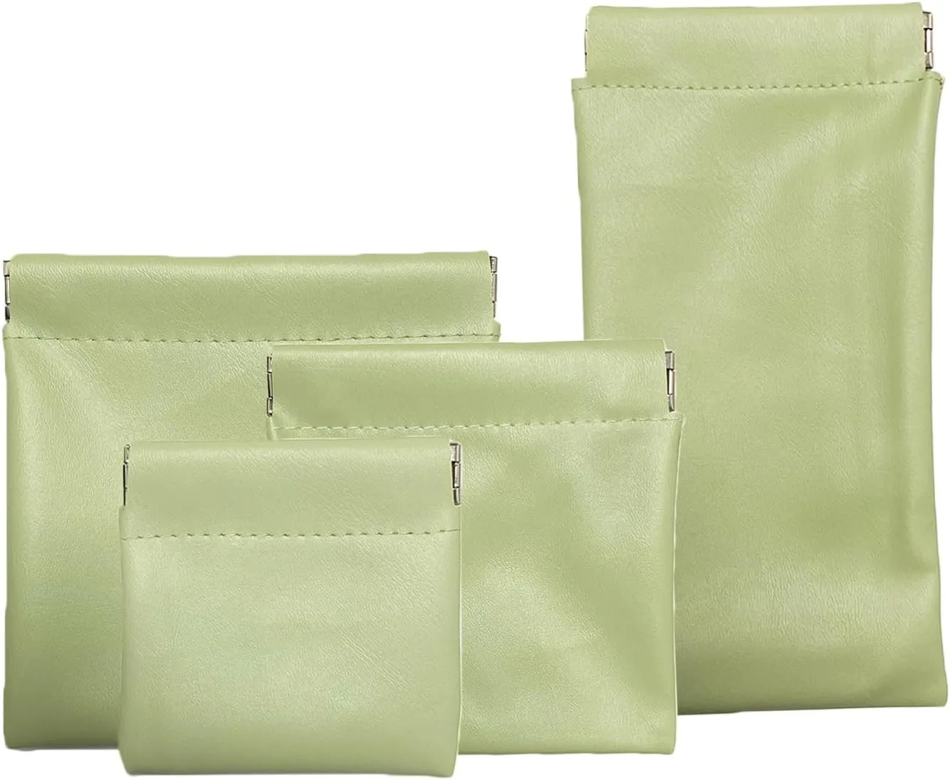 AJOJO 4 Pcs Lambskin Pocket Cosmetic Bags, 4 Size Waterproof Portable No Zipper Self-Closing Cute Small Makeup Pouch for Women, Pu Leather Bag for Cosmetics Headphones Jewelry (Green)