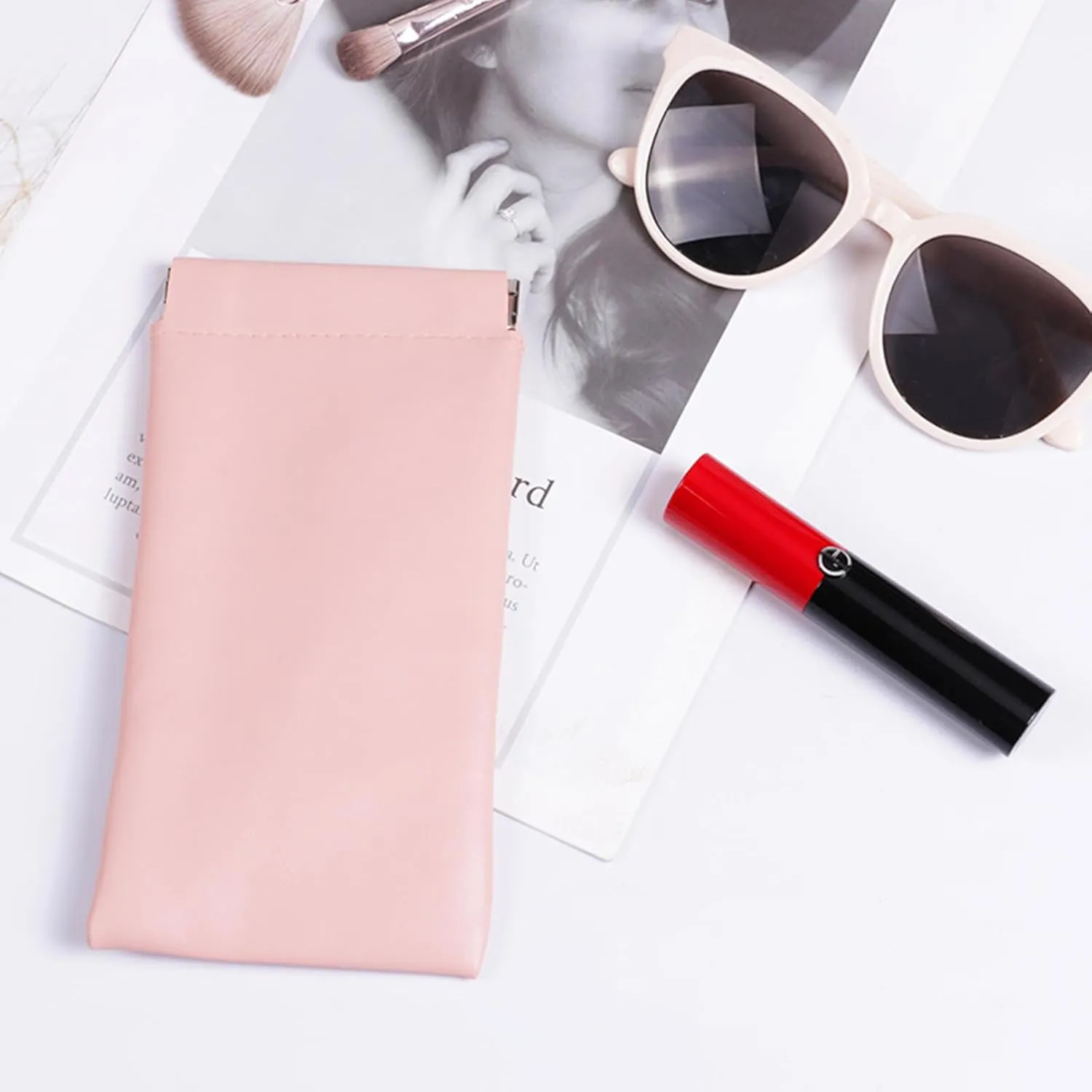 AJOJO 4 Pcs Lambskin Pocket Cosmetic Bags, 4 Size Waterproof Portable No Zipper Self-Closing Cute Small Makeup Pouch for Women, Pu Leather Bag for Cosmetics Headphones Jewelry (Pink)