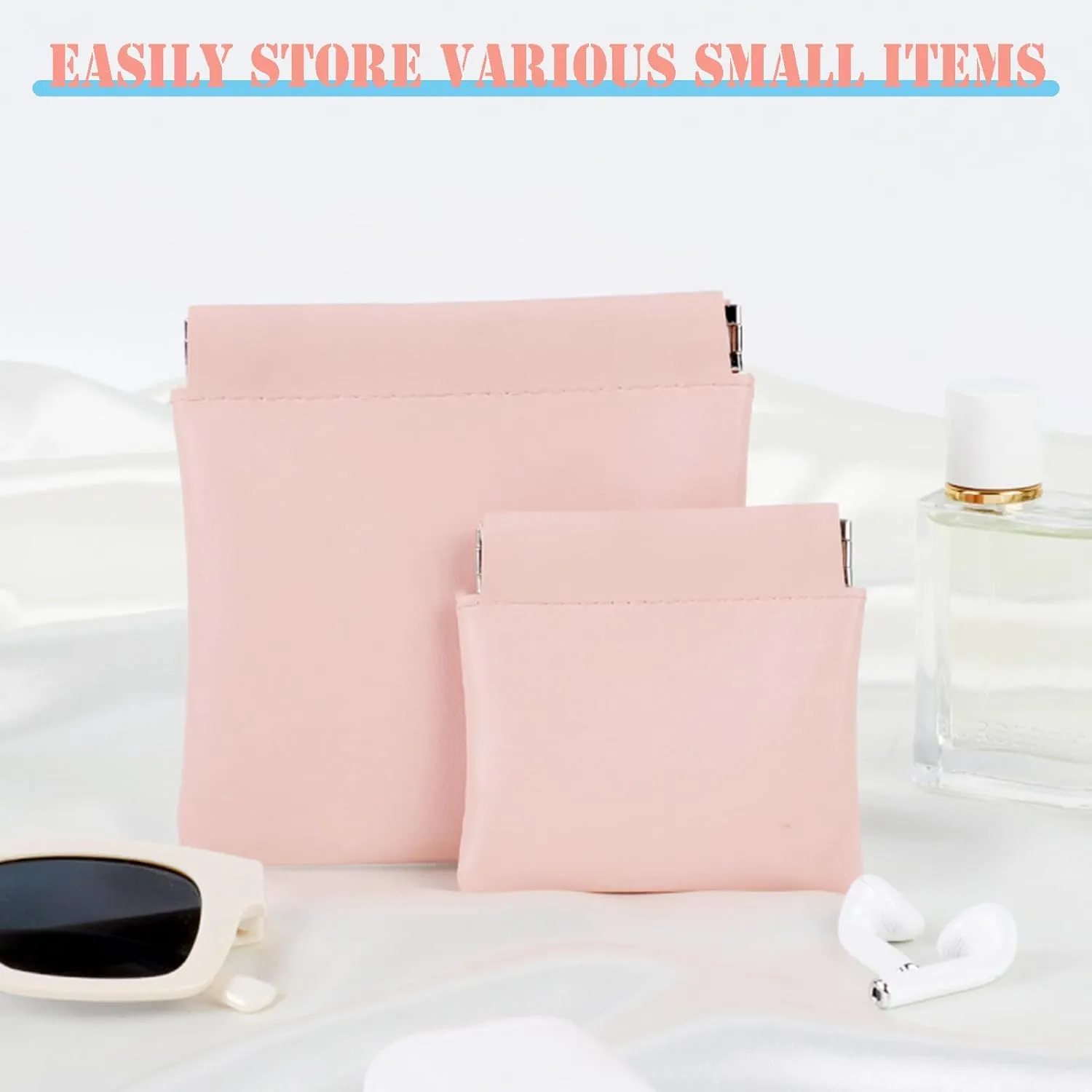 AJOJO 4 Pcs Lambskin Pocket Cosmetic Bags, 4 Size Waterproof Portable No Zipper Self-Closing Cute Small Makeup Pouch for Women, Pu Leather Bag for Cosmetics Headphones Jewelry (Pink)