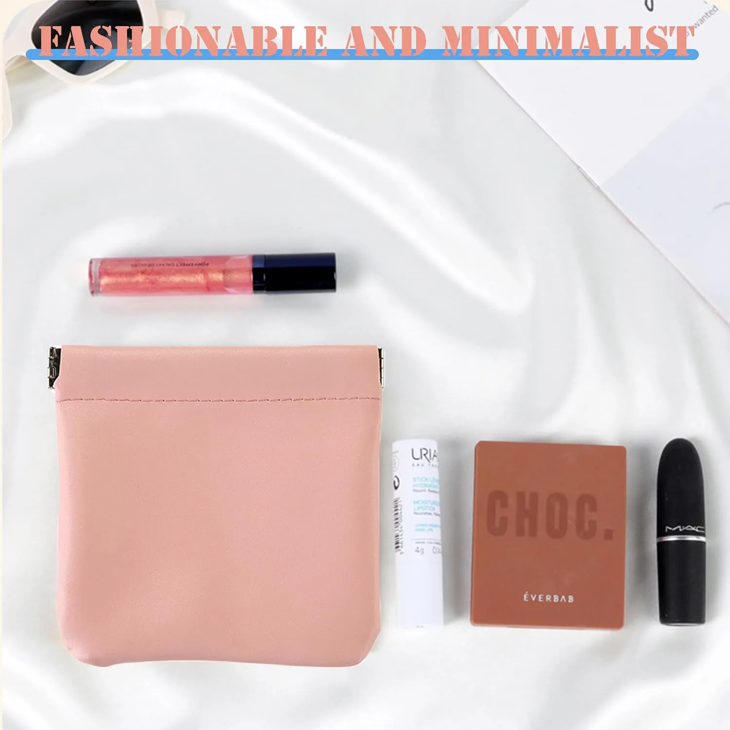 AJOJO 4 Pcs Lambskin Pocket Cosmetic Bags, 4 Size Waterproof Portable No Zipper Self-Closing Cute Small Makeup Pouch for Women, Pu Leather Bag for Cosmetics Headphones Jewelry (Pink)