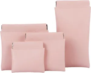 AJOJO 4 Pcs Lambskin Pocket Cosmetic Bags, 4 Size Waterproof Portable No Zipper Self-Closing Cute Small Makeup Pouch for Women, Pu Leather Bag for Cosmetics Headphones Jewelry (Pink)