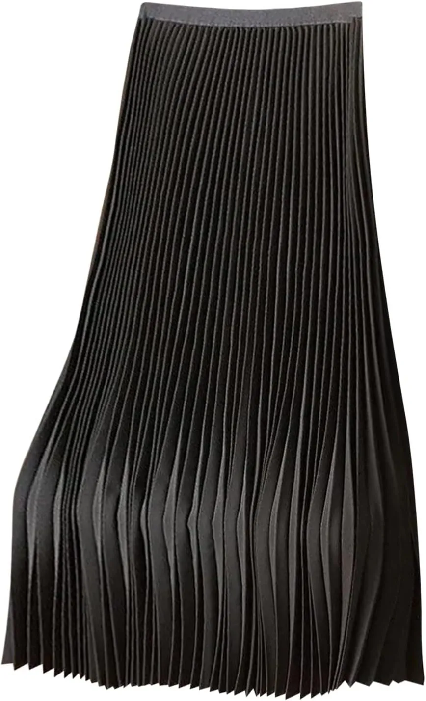 Akklian Pleated Midi Skirts for Women High Waisted A-Line Satin Skirts Chiffon Flare Casual Skirt 2024 Plus Size Midi Dress