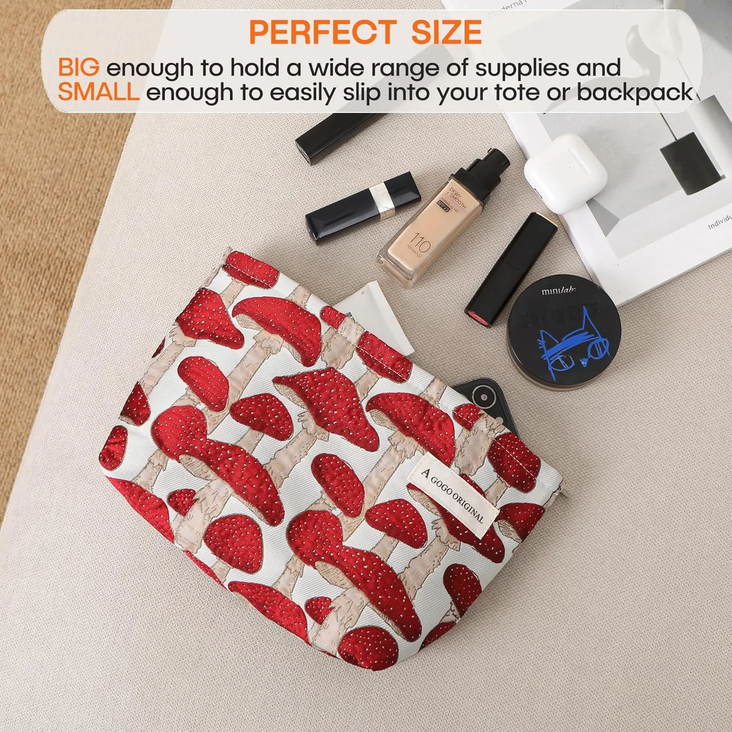 ALEXTINA Large Capacity Cute Makeup Bags, Small Makeup Bags, Aesthetic Travel Cosmetic Bags for Women, Canvas Floral Make Up Bag Portable Makeup Organizer Bag Zipper Pouch, Red Mushroom