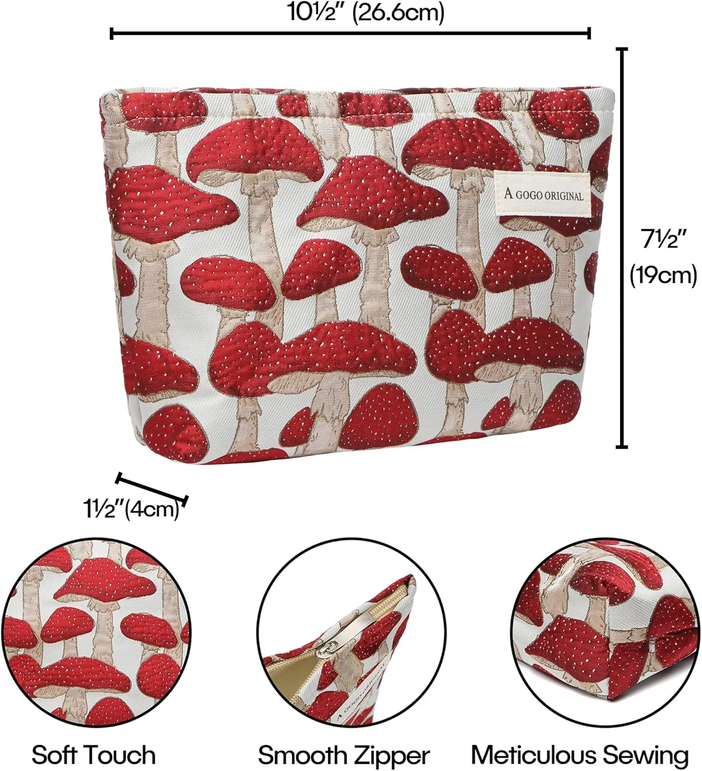 ALEXTINA Large Capacity Cute Makeup Bags, Small Makeup Bags, Aesthetic Travel Cosmetic Bags for Women, Canvas Floral Make Up Bag Portable Makeup Organizer Bag Zipper Pouch, Red Mushroom