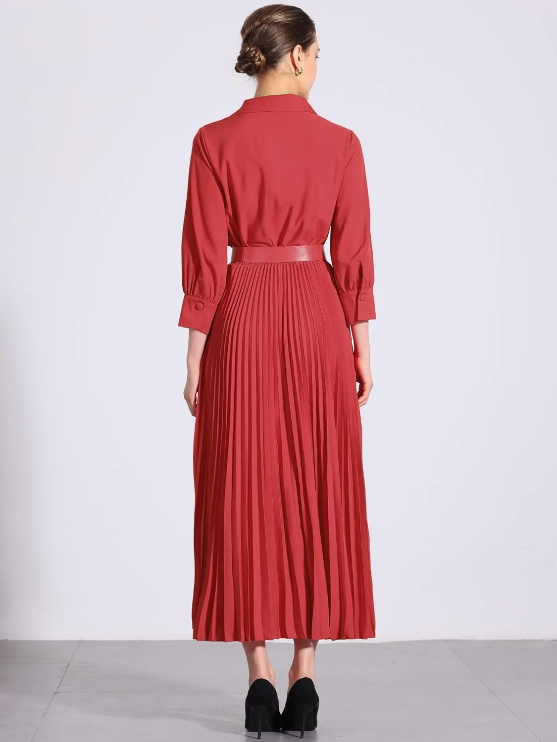 Allegra K Elegant Pleated Dress for Women's 3/4 Sleeves Collar V Neck Belted Maxi Dresses