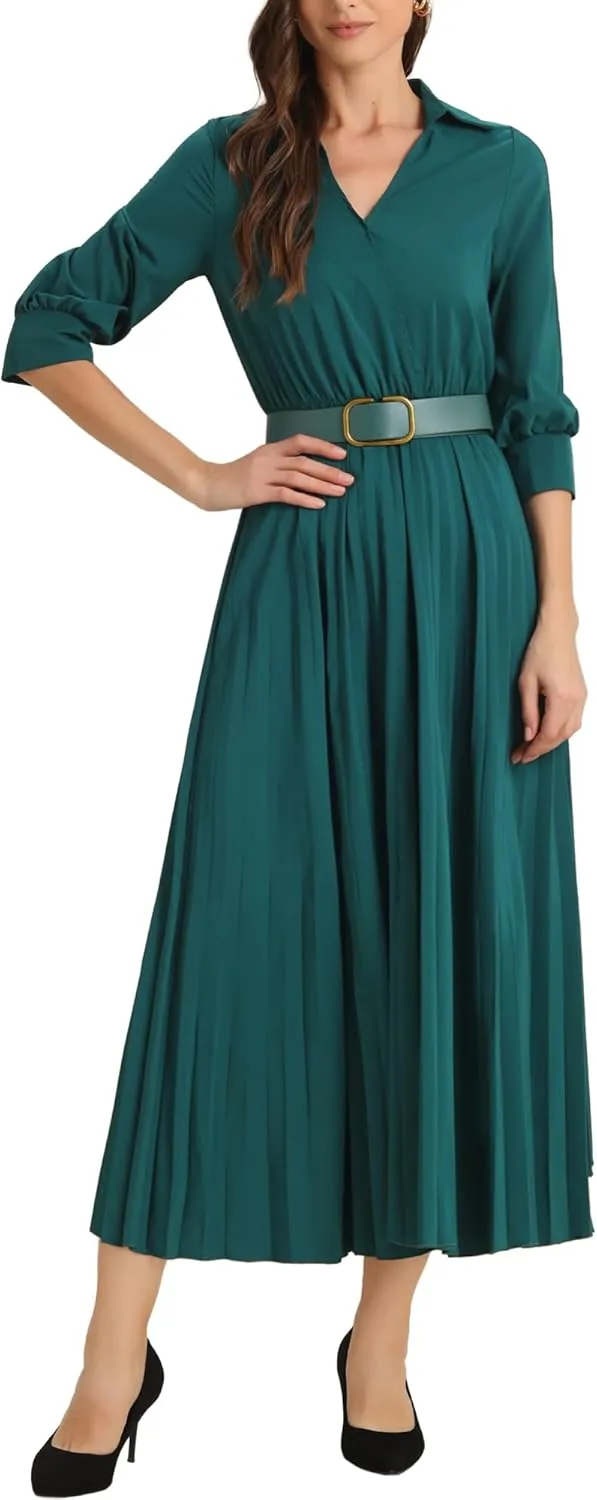 Allegra K Elegant Pleated Dress for Women's 3/4 Sleeves Collar V Neck Belted Maxi Dresses