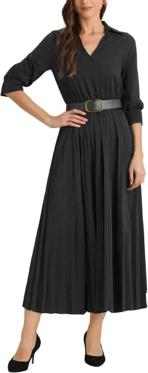Allegra K Elegant Pleated Dress for Women's 3/4 Sleeves Collar V Neck Belted Maxi Dresses