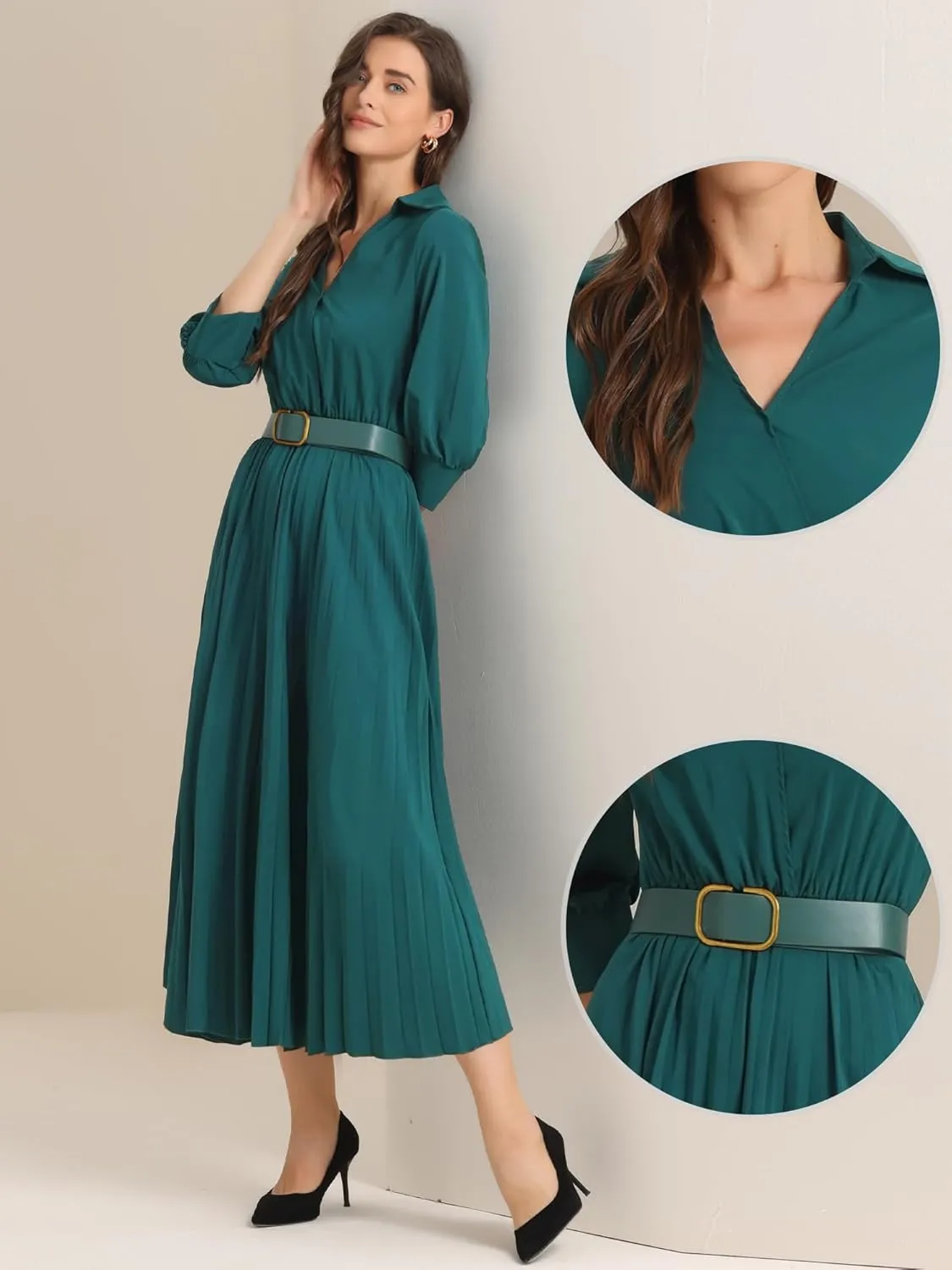 Allegra K Elegant Pleated Dress for Women's 3/4 Sleeves Collar V Neck Belted Maxi Dresses