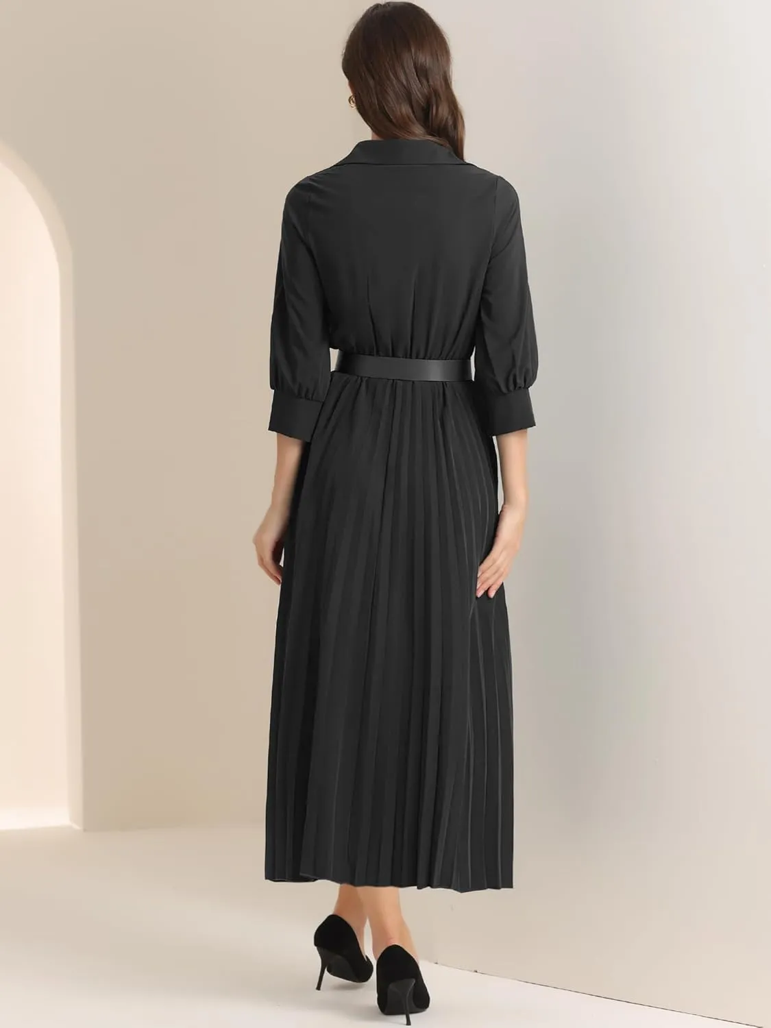 Allegra K Elegant Pleated Dress for Women's 3/4 Sleeves Collar V Neck Belted Maxi Dresses