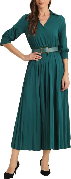 Allegra K Elegant Pleated Dress for Women's 3/4 Sleeves Collar V Neck Belted Maxi Dresses