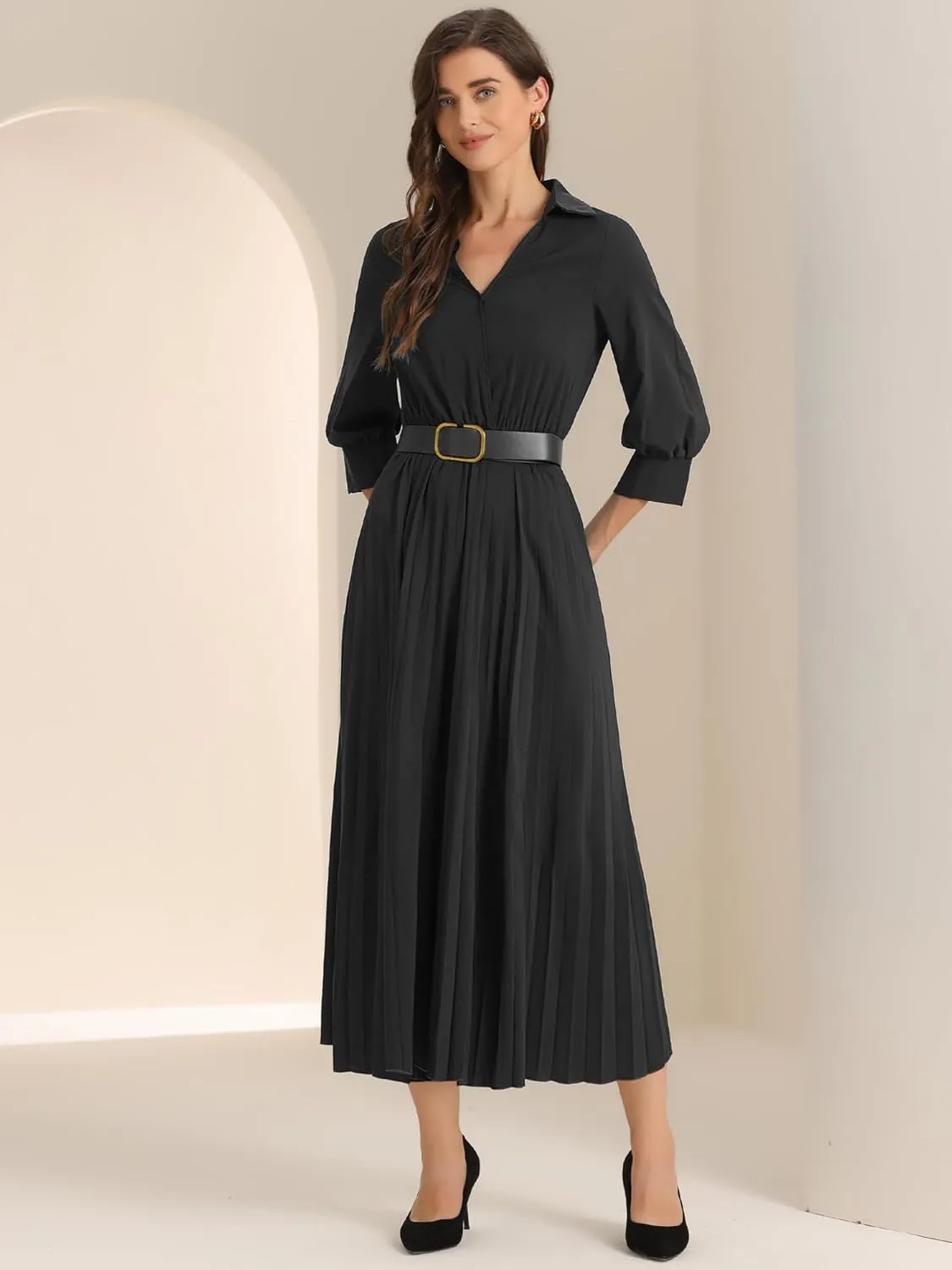 Allegra K Elegant Pleated Dress for Women's 3/4 Sleeves Collar V Neck Belted Maxi Dresses