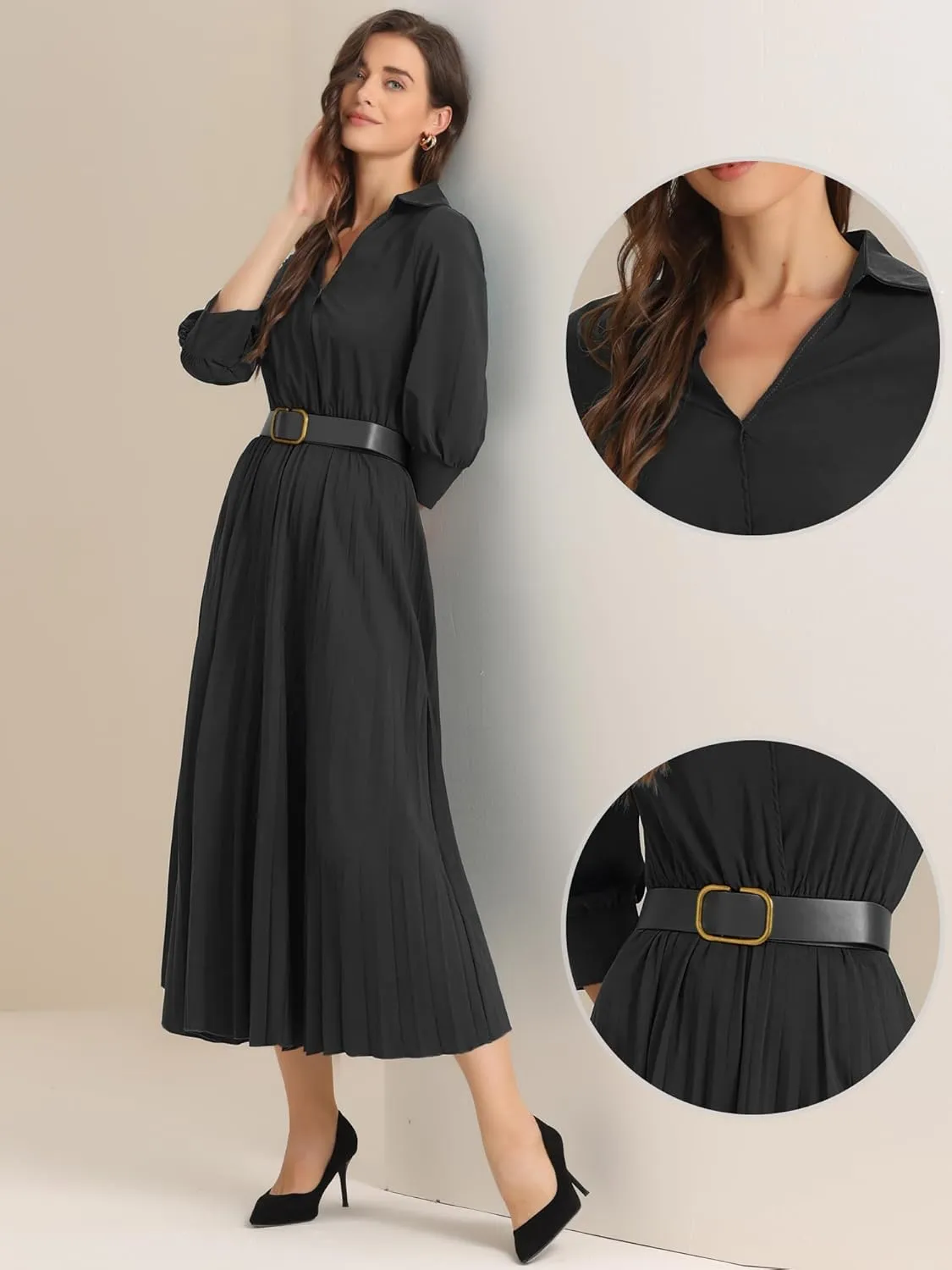 Allegra K Elegant Pleated Dress for Women's 3/4 Sleeves Collar V Neck Belted Maxi Dresses