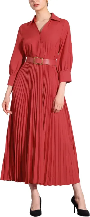 Allegra K Elegant Pleated Dress for Women's 3/4 Sleeves Collar V Neck Belted Maxi Dresses