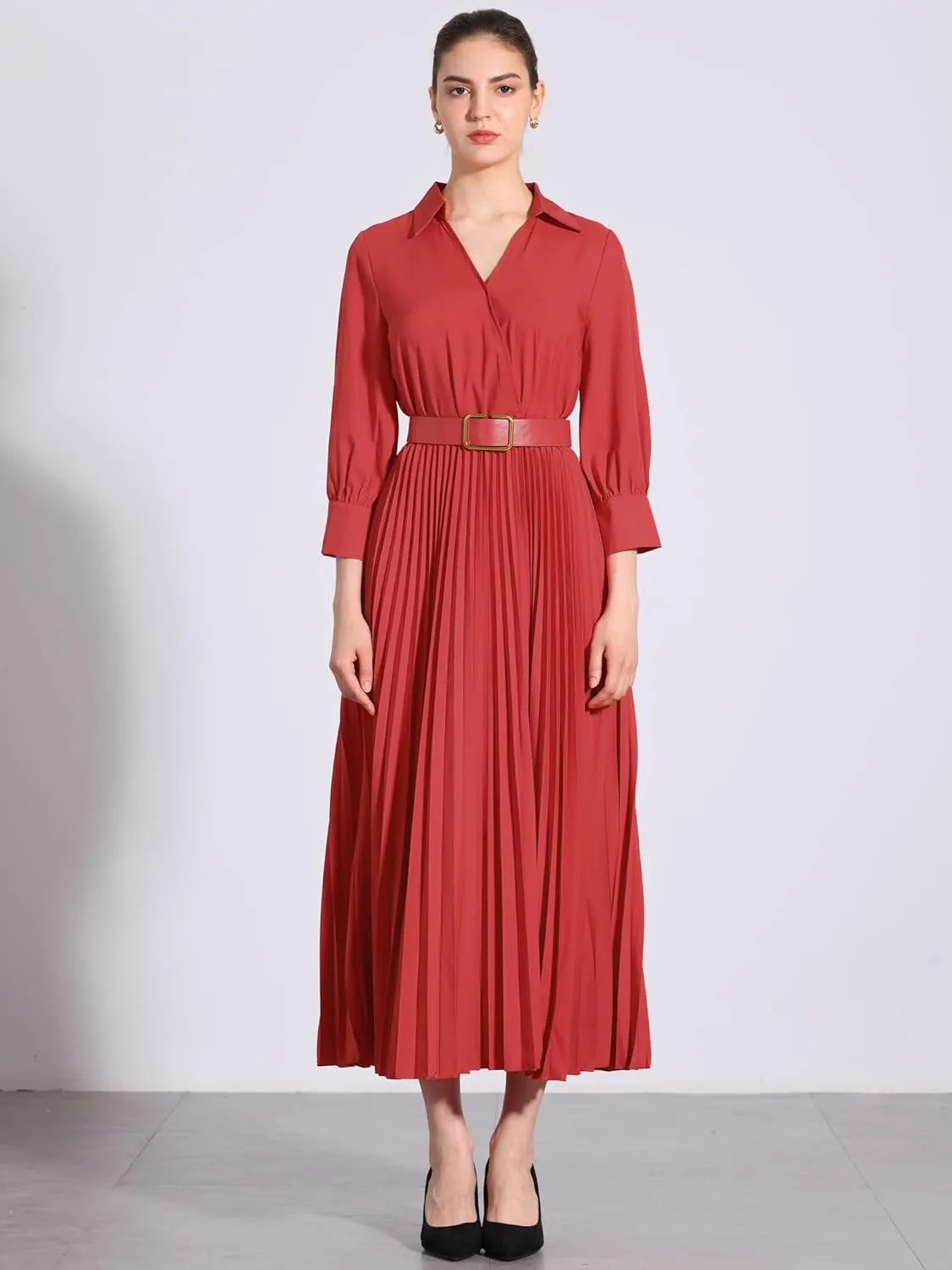 Allegra K Elegant Pleated Dress for Women's 3/4 Sleeves Collar V Neck Belted Maxi Dresses