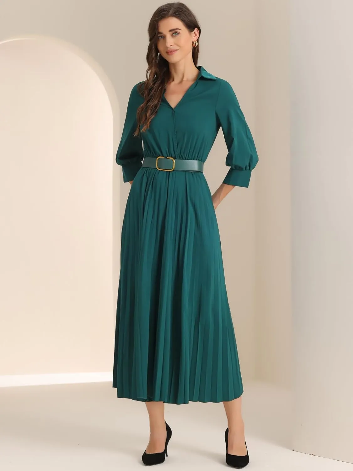 Allegra K Elegant Pleated Dress for Women's 3/4 Sleeves Collar V Neck Belted Maxi Dresses