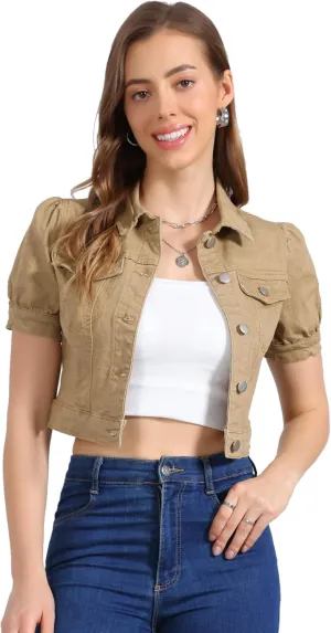 Allegra K Women's Casual Denim Jackets Button-Down Puff Sleeve Jean Crop Jacket Large Khaki