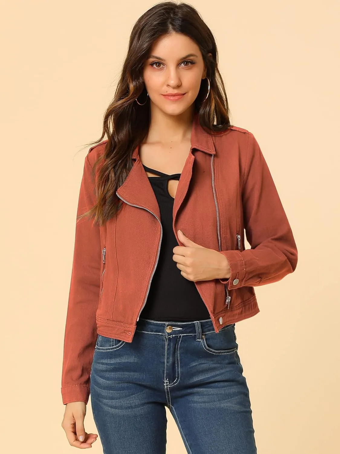 Allegra K Women's Chic Denim Jackets Notched Collar Inclined Zip Closure Biker Motocycle Jacket Outerwear