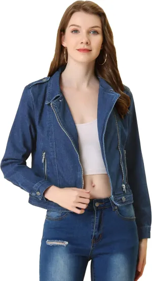 Allegra K Women's Chic Denim Jackets Notched Collar Inclined Zip Closure Biker Motocycle Jacket Outerwear