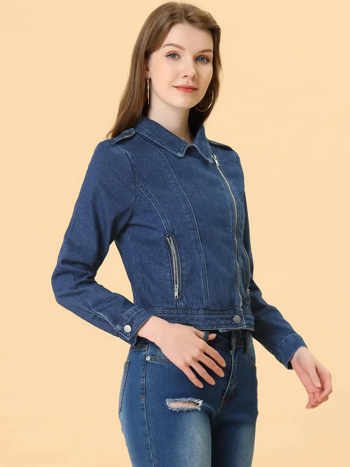 Allegra K Women's Chic Denim Jackets Notched Collar Inclined Zip Closure Biker Motocycle Jacket Outerwear