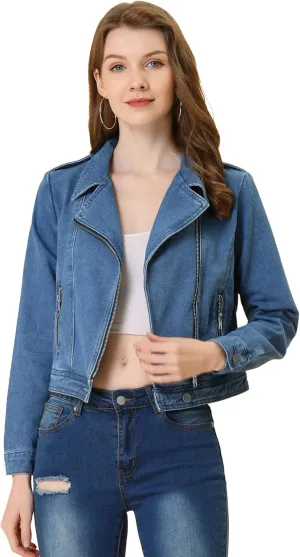 Allegra K Women's Chic Denim Jackets Notched Collar Inclined Zip Closure Biker Motocycle Jacket Outerwear