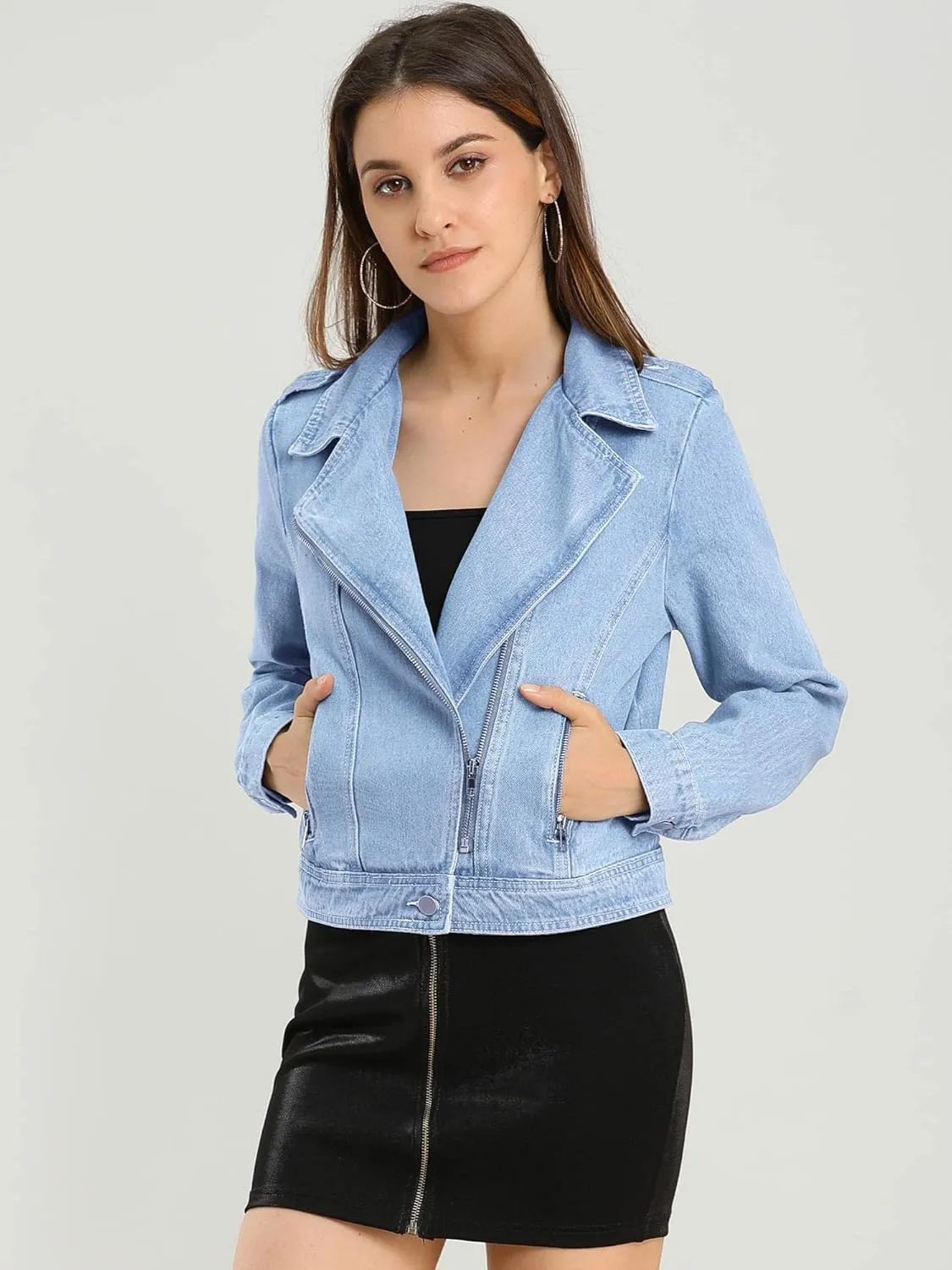 Allegra K Women's Chic Denim Jackets Notched Collar Inclined Zip Closure Biker Motocycle Jacket Outerwear