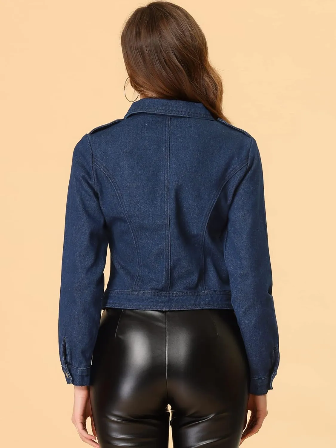 Allegra K Women's Chic Denim Jackets Notched Collar Inclined Zip Closure Biker Motocycle Jacket Outerwear