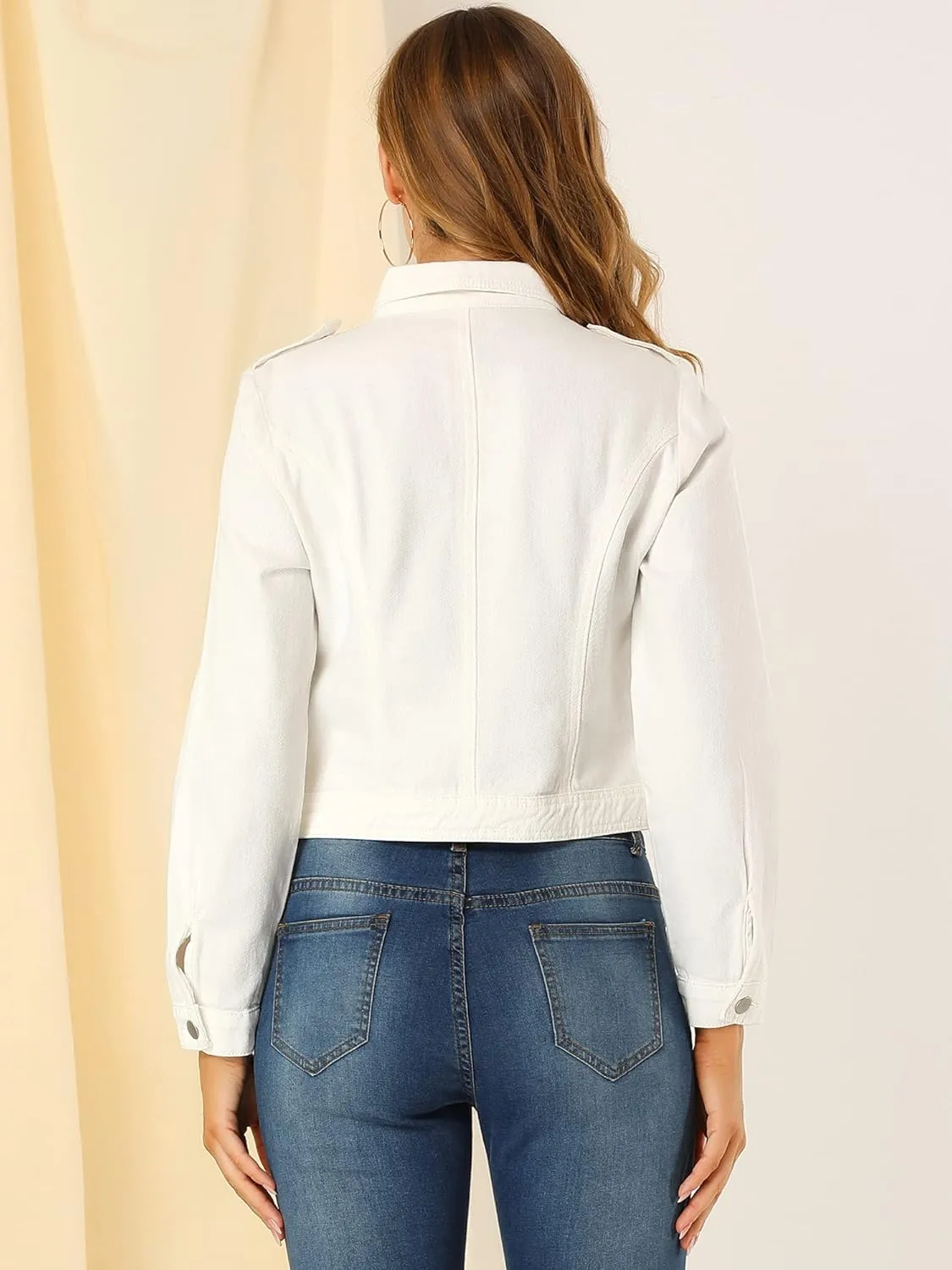 Allegra K Women's Chic Denim Jackets Notched Collar Inclined Zip Closure Biker Motocycle Jacket Outerwear
