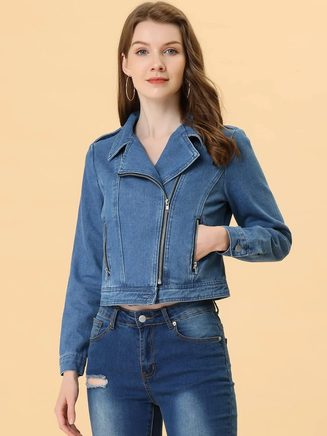 Allegra K Women's Chic Denim Jackets Notched Collar Inclined Zip Closure Biker Motocycle Jacket Outerwear