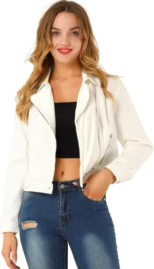 Allegra K Women's Chic Denim Jackets Notched Collar Inclined Zip Closure Biker Motocycle Jacket Outerwear