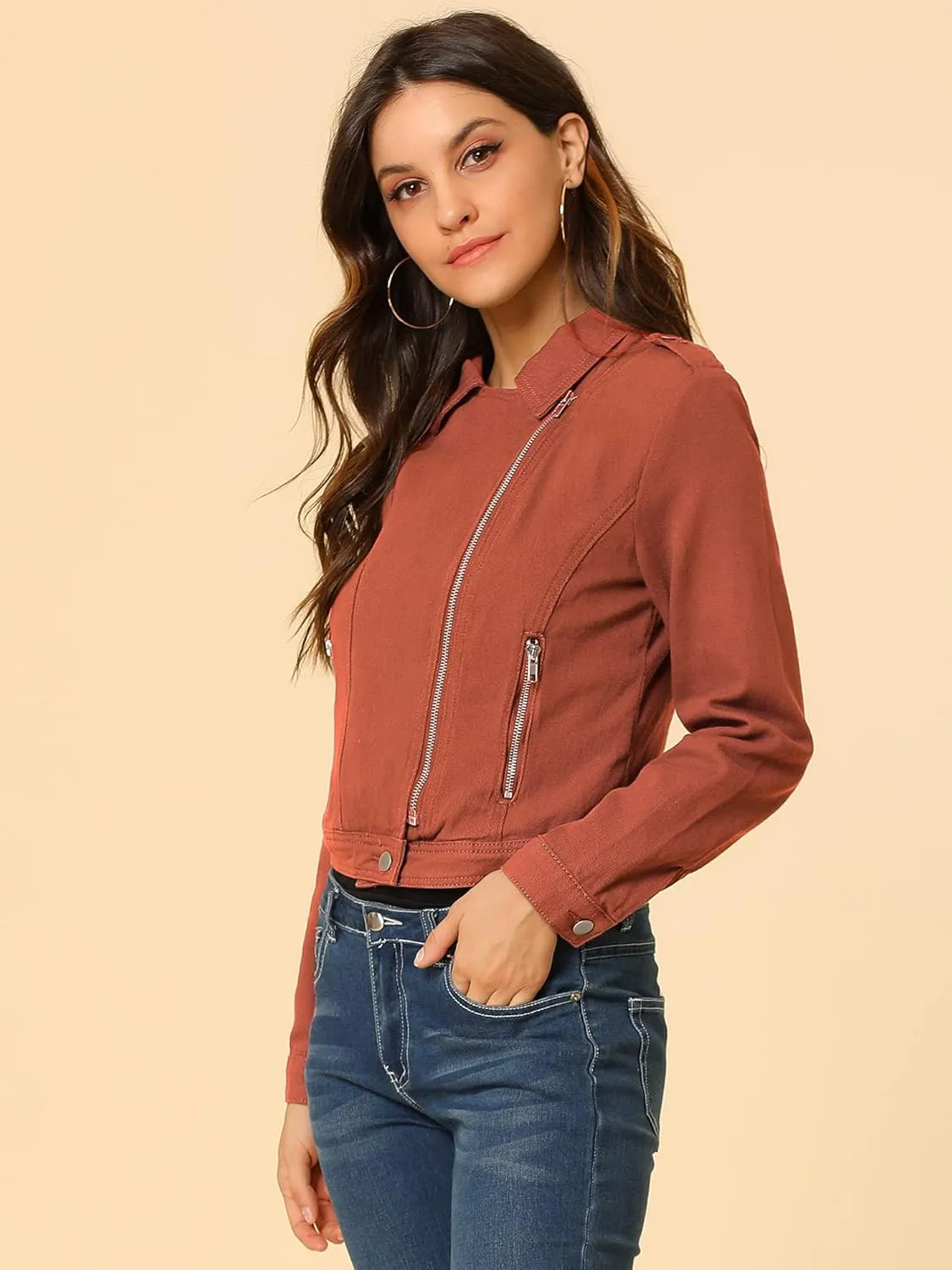 Allegra K Women's Chic Denim Jackets Notched Collar Inclined Zip Closure Biker Motocycle Jacket Outerwear